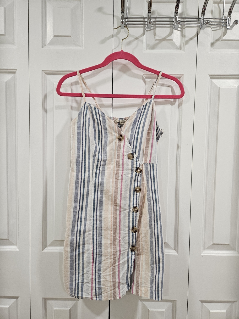 Striped Button-Front Linen Blend Cami Dress - Blue & Cream Stripes